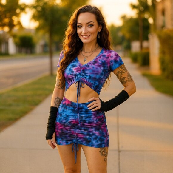 Current Mood Tie Dye Crop Top & Mini Skirt Set w/ Ruched Front – Size S - Picture 3 of 4